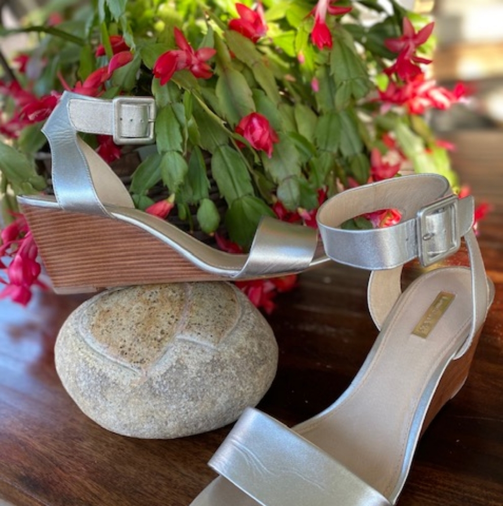 Silver, size 11 Ankle Strap Wedge